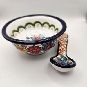 Mexican Pottery Colorful Ceramic Bowl and Spoon Set Hand painted